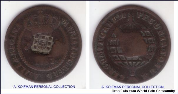 KM-273.x, No date (1809) Brazil 20 reis; double value shield counter-stamped over 1787 Brazil 10 reis; copper; to me it looks like a high crown variety but I do not have enough similar material to compare, very good/fine for host and very fine for the counterstamp, it is quite clear 