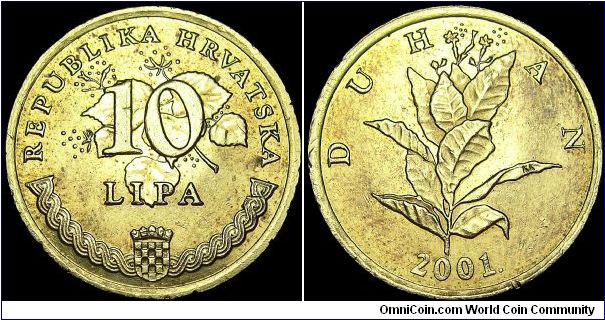 Croatia - 10 Lipa - 2001 - Weight 3,25 gr - Brass plated steel - Size 20 mm - President / Stjepan Mesic (2000-) - Obverse / Denomination above crowned arms - Reverse / Tobacco plant date below - Designer / Kuzma Kovacic - Edge : Plain - Reference KM# 6 (1993-2001)