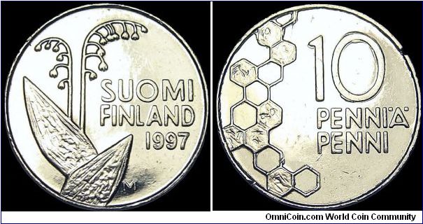 Finland - 10 Pennia - 1997 - Weight 1,8 gr - Copper / Nickel - Size 16,3 mm - Obverse / Flower pods and stems, date at right - Reverse / Denomination to right of honeycombs - President / Marti Oivia Kalevi Ahtisaari (1994-2000) - Designer / Antti Neuvonen - Mintage 43 406 000 - Edge : Plain - Reference KM# 65 (1990-2000)