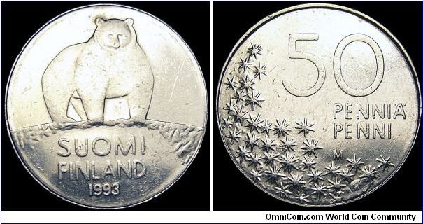 Finland - 50 Pennia - 1993 - Weight 3,3 gr - Copper / Nickel - Size 19,7 mm - President / Mauno Henrik Koivisto (1982-94) - Obverse / Polar Bear - Designer / Antti Neuvonen - Mintage 10 066 000 - Edge : Reeded - Reference KM# 66 (1990-2000)