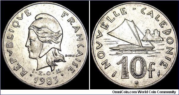 New Caledonia - 10 Francs - 1983 - Weight 6,0 gr - Nickel - Size 24 mm - Obverse Designer / R. Joly - Minted in Paris - Mintage 800 000 - Edge : Reeded - Reference KM# 11 (1972-2000)