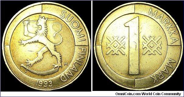 Finland - 1 Markka - 1993 - Weight 4,9 gr - Aluminum / Bronze - Size 22 mm - President / Mauno Henrik Koivisto (1982-94) - Mintage 91 588 000 - Edge : Plain - Reference KM# 76 (1993-2000)