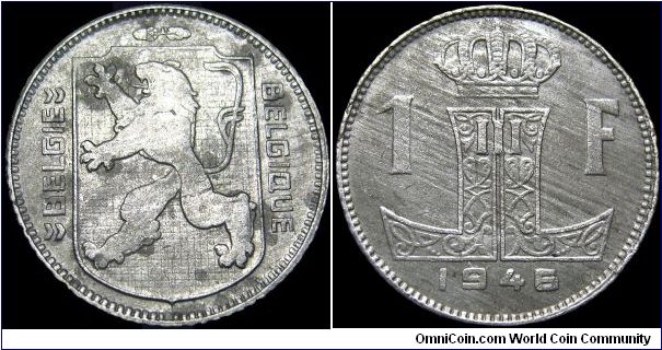 Belgium - 1 Franc - 1946 - Weight 4,3 gr - Zink - Size 21,5 mm - Obverse / Rampant Lion and Legend in Dutch - Mintage 36 000 000 - Edge : Milled - Reference KM# 128 (1942-47)