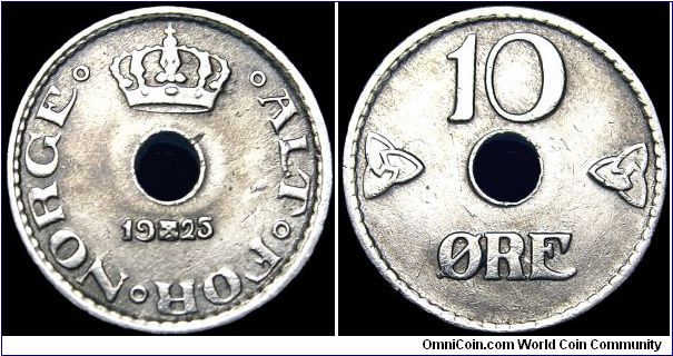 Norway - 10 Öre - 1925 - Weight 1,5 gr - Copper / Nickel - Size 15 mm - Regent / Haakon VII (1905-57) - Mintage 7 050 700 - Edge : Plain - Reference KM# 383 (1924-51) 