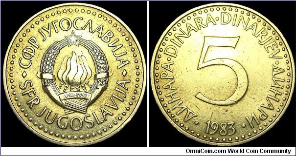 Yugoslavia - 5 Dinara - 1983 - Weight 5,5 gr - Nickel / Brass - Size 24 mm - President / Petar Stambolic (1982-83) - Mintage 41 156 000 - Edge : Milled - Reference KM# 88 (1982-86)