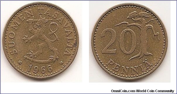 20 Pennia
KM#47
4.5000 g., Aluminum-Bronze, 22.5 mm. Obv: Rampant lion left, date below Rev: Tree right of denomination