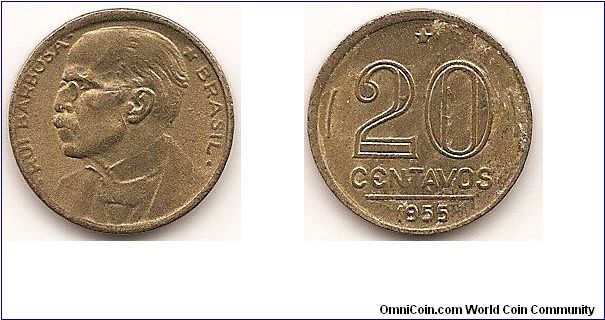 20 Centavos
KM#562
4.0000 g., Aluminum-Bronze, 19.26 mm. Obv: Bust of author and lawyer Ruy Barbosa left Rev: Denomination above line, date below