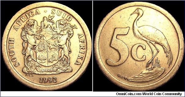 South Africa - 5 Cents - 1992 - Weight 4,5 gr - Copper-Plated steel - Size 21 mm - President / Nelson Rolihlahla Mandela (1994-99) - Edge : Plain - Reference KM# 134 (1990-95)
