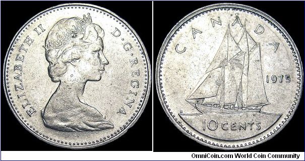 Canada - 10 Cents - 1975 - Weight 2,07 gr - Nickel - Size 18,03 mm - Ruler / Elizabeth II - Obverse Designer / Arnold Machin - Reverse Designer / Emanuel Hahn - Mintage 207 680 000 - Edge : Reeded - Reference KM# 77.1 (1969-78)