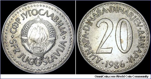 Yugoslavia - 20 Dinara - 1986 - Weight 6,4 gr - Copper / Nickel / Zink - Size 25 mm - President / Sinan Hasani (1986-87) - Edge : Milled - Reference KM# 112 (1985-87)