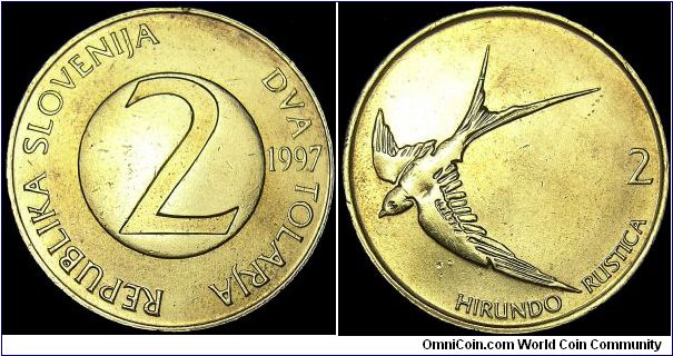 Slovenia - 2 Tolarja - 1997 - Weight 5,4 gr - Brass - Size 24 mm - President / Milan Kucan (1991-2000) - Reverse / Bam swallow in flight - Mintage 6 060 000 - Edge : Reeded - Reference KM# 5 (1992-2000)