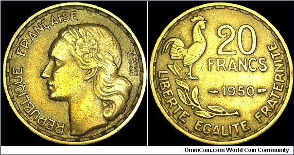 France - 20 Francs - 1950 - Weight 4,0 gr - Aluminum / Bronze - Size 23 mm - President / Vincent Auriol (1947-54) - Designer / Georges Guiraud - Mintage 5 779 000 - Edge : Plain - Note : 3 Plumes Rooster - Reference KM# 916.1 (1950)