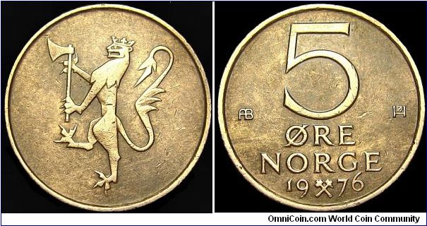 Norway - 5 Öre - 1976 - Weight 3,0 gr - Bronze - Size 19 mm - Regent / Olav V (1957-91) - Designer / Oivind Hansen - Mintage 24 232 824 - Edge : Plain - Reference KM# 415 (1973-82)