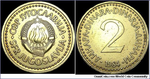 Yugoslavia - 2 Dinara - 1984 - Weight 4,4 gr - Nickel / Brass - Size 22 mm - President / Mika Spiljak (1983-84) - Mintage 51 500 000 - Edge : Milled - Reference KM# 87 (1982-86)