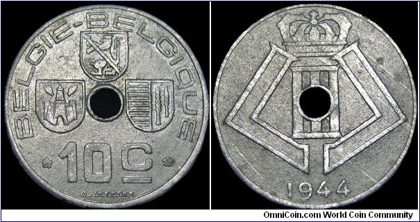 Belgium - 10 Centimes - 1944 - Weight 3,9 gr - Zink - Size 22 mm - German occupation WWII - Mintage 28 140 000 - Note : Legend in Dutch Belgie-Belgique - Edge : Plain - Reference KM# 126 (1941-46)