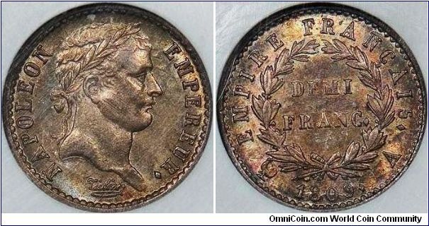 1809-A FRANCE NAPOLEON 1/2 FRANC NGC MS-63