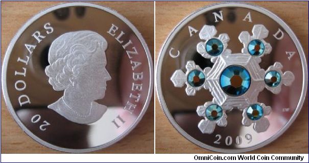 20 Dollars - Blue crystal snowflake - 31.39 g Ag .999 Proof (with 7 Swarovski crystals) - mintage 7,500