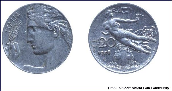 Italy, 20 centesimos, 1908, Ni, 21.5mm, 4g, MM: R, Liberta.                                                                                                                                                                                                                                                                                                                                                                                                                                                         