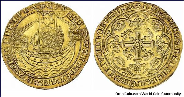 Gold nobel from Edward III(1327-1377)This is a treaty period noble issued during the brief time that France and England were not at war and Edward III was not claiming French titles.  This is S-1502.
