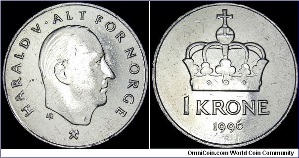 Norway - 1 Krone - 1996 - Weight 7,0 gr - Copper / Nickel - Size 25 mm - Regent / Harald V (1991-) - Designer Ingrid Austlid Rase - Mintage 20 844 000 - Minted in Kongsberg / Norway - Edge : Plain - Reference KM# 436 (1992-96)