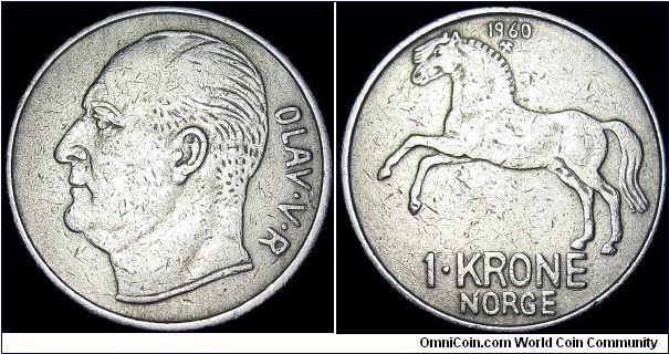 Norway - 1 Krone - 1960 - Weight 7,0 gr - Copper / Nickel - Size 25 mm - Regent Olav V (1957-91) - Mintage 1 790 200 - Minted in Kongsberg / Norway - Edge : Reeded - Reference KM# 409 (1958-73)