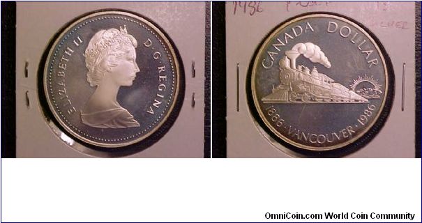 Nice proof Vancouver centennial commemorative silver dollar featuring a lovely 4-4-0 locomotive pulling a train with the settlement of the Canadian west.  Another of the trains on coins collection.