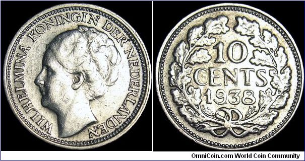 Netherlands - 10 Cents - 1938 - Weight 1,4 gr - Silvercoin Ag 0,6400 - 0,0288 Troy Ounce - Size 15 mm - Ruler / Wilhelmina I (1890-48) - Designer / J.C. Wienecke - Mintage 21 400 000 - Edge : Reeded - Reference KM# 163 (1926-45)