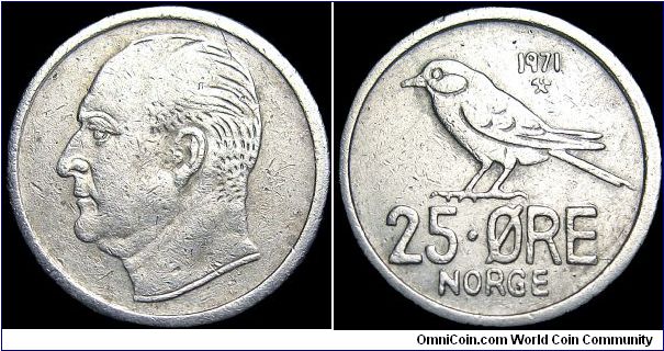 Norway - 25 Öre - 1971- Weight 2,4 gr - Copper / Nickel - Size 17 mm - Regent / Olav V (1957-91) - Mintage 5 247 200 - Minted in Kongsberg / Norway - Edge : Reeded - Reference KM# 407 (1958-73)