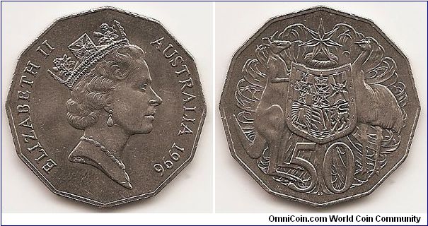 50 Cents
KM#83
15.5500 g., Copper-Nickel, 31.5 mm. Ruler: Elizabeth II Obv: Crowned head right Rev: Coat of arms with kangaroo and emu supporters