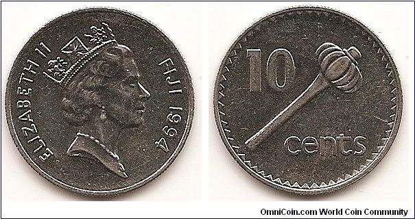 10 Cents
KM#52a
4.7600 g., Nickel Bonded Steel, 23.6 mm. Ruler: Elizabeth II Obv: Crowned head right Rev: Throwing club - ula tava tava