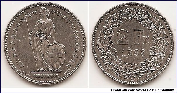2 Francs
KM#21a.3
8.8000 g., Copper-Nickel, 27.4 mm. Obv: 23 Stars around figure Rev: Value within wreath Edge: Reeded