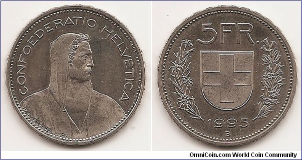 5 Francs
KM#40a.4
13.2000 g., Copper-Nickel, 31.3 mm. Obv: William Tell right Rev: Shield flanked by sprigs Edge: DOMINUS PROVIDEBIT and 13 stars raised