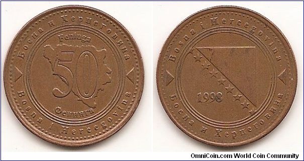 50 Feninga -Bosnia&Herzogovina
KM#117
Copper-Plated-Steel Obv: Denomination on map within circle Rev: Triangle and stars, date at left, within circle