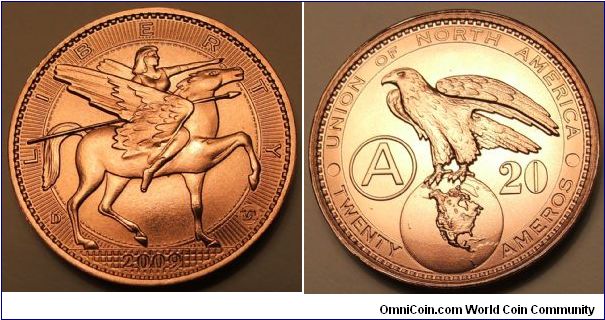 Made of copper and designed by Daniel Carr this coin depicts a nonexistent currency unit from a nonexistent political union