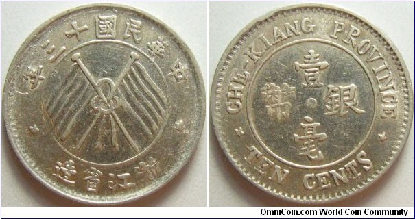 China, Zhejiang 1924 10 cents. Nice condition.