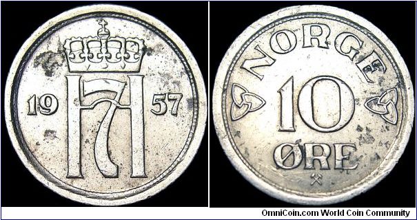 Norway - 10 Öre - 1957 - Weight 1,5 gr - Copper / Nickel - Size 15 mm - Regent / Haakon VII (1905-57) - Mintage 22 900 000 - Edge : Plain - Reference KM# 396 (1951-57)