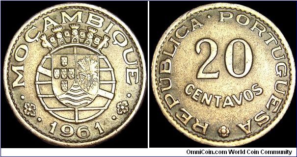 Mozambique - 20 Centavos - 1961 - Weight 2,5 gr - Bronze - Size 18 mm - Governor general / Pedro Corriera de Barros (1958-61) - Mintage 12 500 000 - Edge : Plain - Reference KM# 85 (1961)