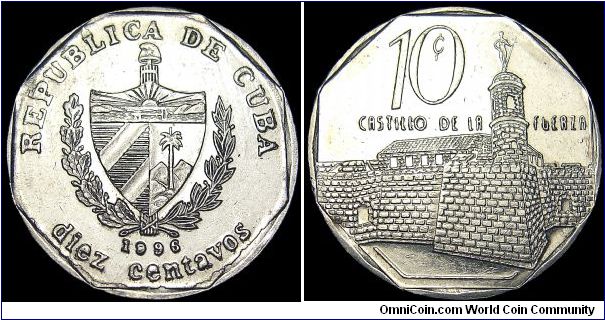 Cuba - 10 Centavos - 1996 - Weight 4,0 gr - Nickel plated steel - Size 20 mm - President / Fidel Alejandro Castro Ruz - Obverse / National arms - Reverse / Castilla de la Fuerza - Edge : Plain - Reference KM# 576.2 (1996-2000)