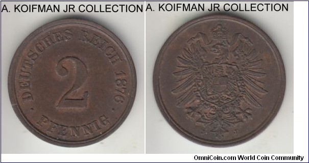 KM-2, 1876 Germany 2 pfennig, Hamburg mint (J mintmark); copper, plain edge; Wilhelm I, first post-unification issue, nice brown almost uncirculated or better specimen.