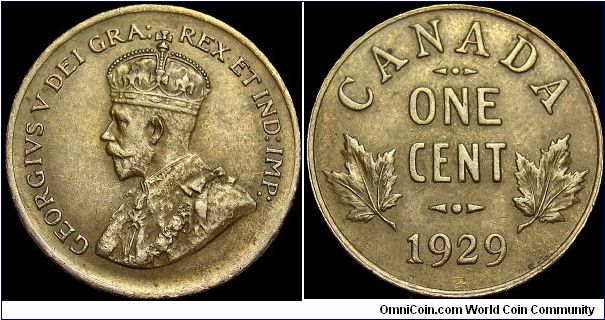 Canada - 1 Cent - 1929 - Weight 3,24 gr - Bronze - Size 19,1 mm - Ruler / George V (1910-36) - Obverse designer / E.B MacKennal - Reverse designer / Fred Lewis - Mintage 12 159 840 - Edge : Plain - Reference KM# 28 (1920-36)