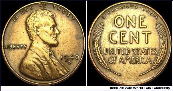 USA - 1 Cent / Lincoln cent (Wheat ears) - 1940 - Weight 3,11 gr - Bronze - Size 19 mm - President / Franklin Delano Roosvelt (1933-45) - Designer / Victor D. Brenner - Mintage 81 390 000 - Minted in Denver / USA - Edge : Plain - Reference KM# 132 (1909-42)