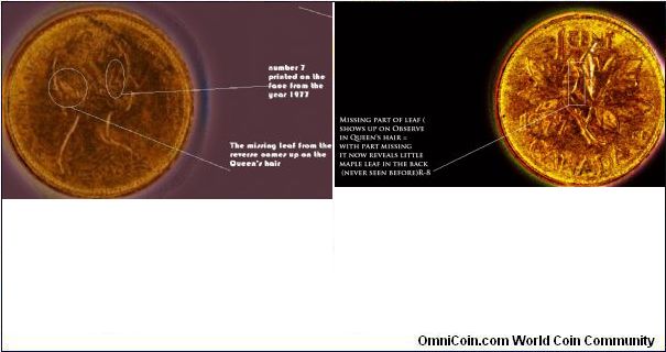 1977 Canada Pennache
1 known to exist,R8 or unique)URS-1
the 1st strike on the reverse misses to print a leaf(see last left big leaf) leaving FULL view of small maple(never seen before) normally hidden+overflip,strikes missing leaf from reverse on observe + 7
http://coinspace.org/new_auction/1977--Pennache-R8-Unique-double-extremely-error-1-known-to-exist-,name,102236,auction_id,auction_details