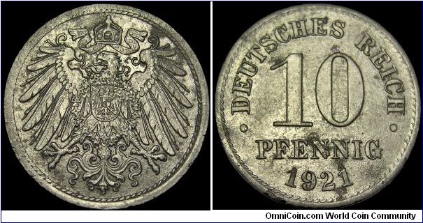 Germany - German-Empire - 10 Pfennig - 1921 - Weight 3,0 gr - Iron - Size 21,1 mm - President / Friedrich Ebert (1919-25) - Mintage 16 265 000 - Minted in Berlin - Edge : Plain - Reference KM# 20 (1916-22)