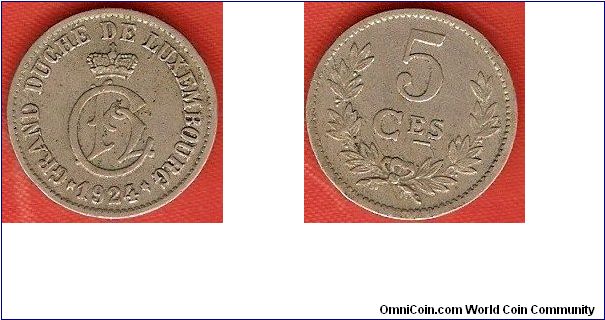 5 centimes
crowned monogram of Charlotte, grand-duchess of Luxembourg
copper-nickel