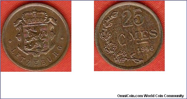 25 centimes
national shield of Luxembourg
bronze