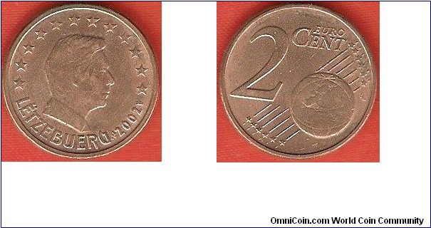 2 eurocent
Henri, grand-duke of Luxembourg
copper-plated steel
