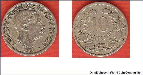 10 centimes
Adolphe, grand-duke of Luxembourg
copper-nickel
designer: A.Michaux