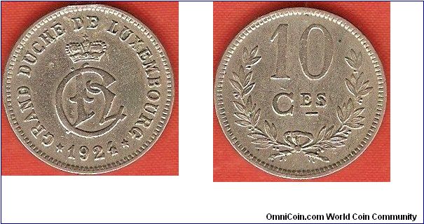 10 centimes
crowned monogram of Charlotte, grand-duchess of Luxembourg
copper-nickel