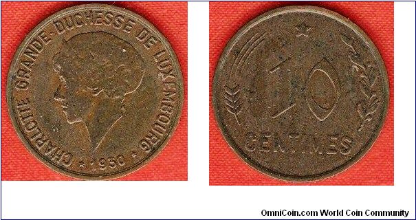 10 centimes
Charlotte, grand-duchess of Luxembourg
bronze