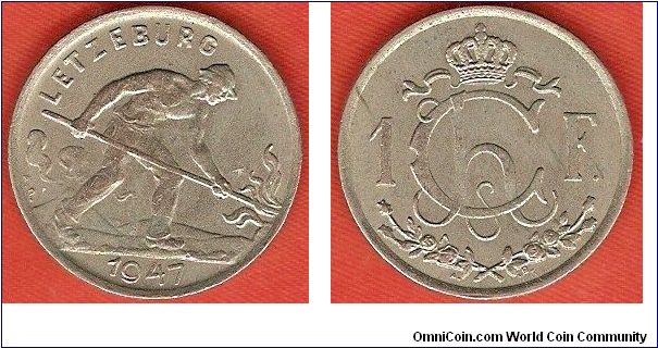 1 franc
man working field
monogram of grand-duchess Charlotte
copper-nickel
designer: Armand Bonnetain
size:23 mm